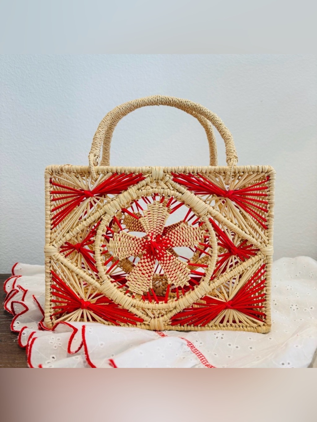 Anthropologie Sensi Studio Canasta Calada Handbag Nwot Handmade Natural & Red